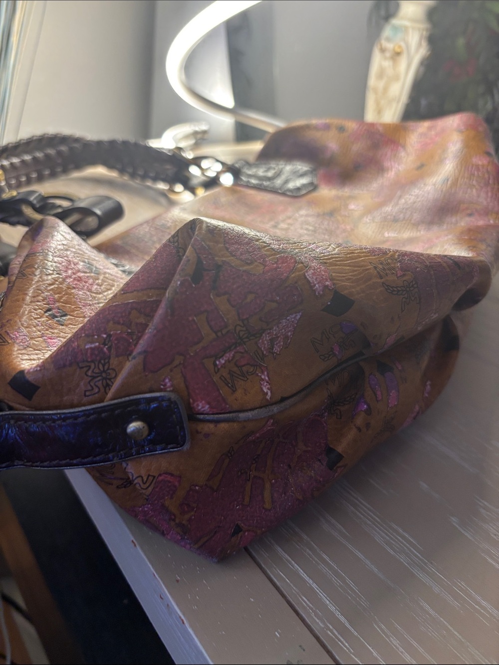 MCM Cognac Visetos Shoulder Bag with Pink Metallic Accents - Picture 7 of 12